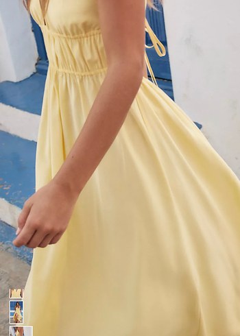 Sarı V Yakalı Uzun Keten Elbise - Görsel 4