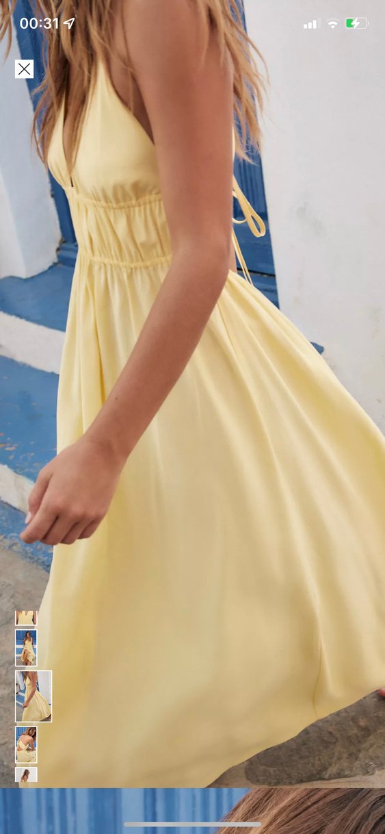 Sarı V Yakalı Uzun Keten Elbise - Görsel 4