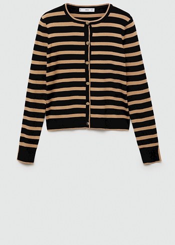 Düğmeli Çizgili Bej Siyah Kadın triko Hırka - Görsel 3