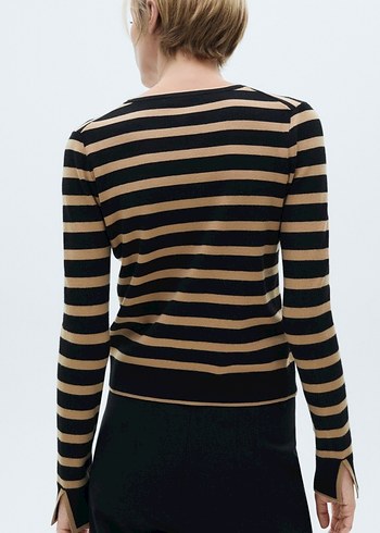 Düğmeli Çizgili Bej Siyah Kadın triko Hırka - Görsel 2