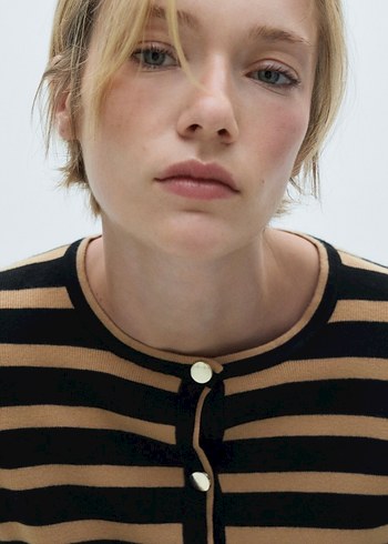 Düğmeli Çizgili Bej Siyah Kadın triko Hırka - Görsel 5