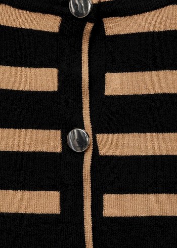 Düğmeli Çizgili Bej Siyah Kadın triko Hırka - Görsel 4