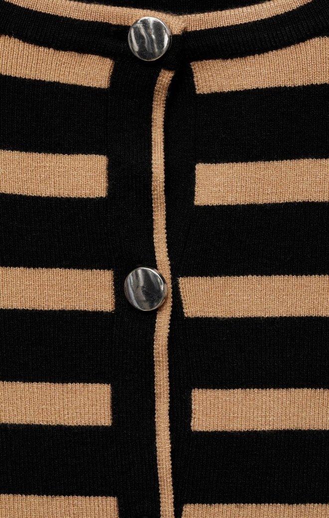 Düğmeli Çizgili Bej Siyah Kadın triko Hırka - Görsel 4