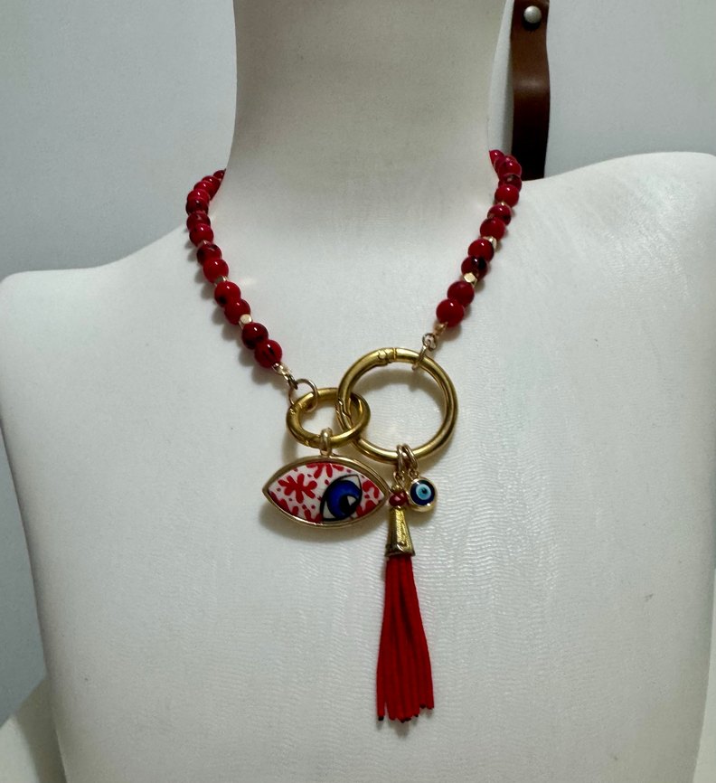 Kırmızı Boncuklu Bohem Kısa Kolye - Görsel 3