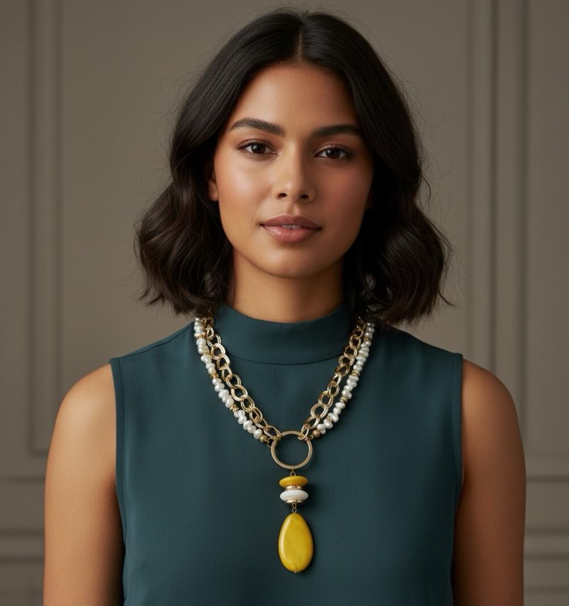 Sarı Boncuklu Bohem Midi Kolye - Görsel 2