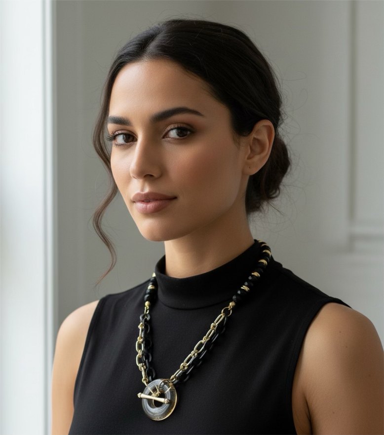 Etnik Desenli Siyah Boncuklu Kısa Kolye - Görsel 2