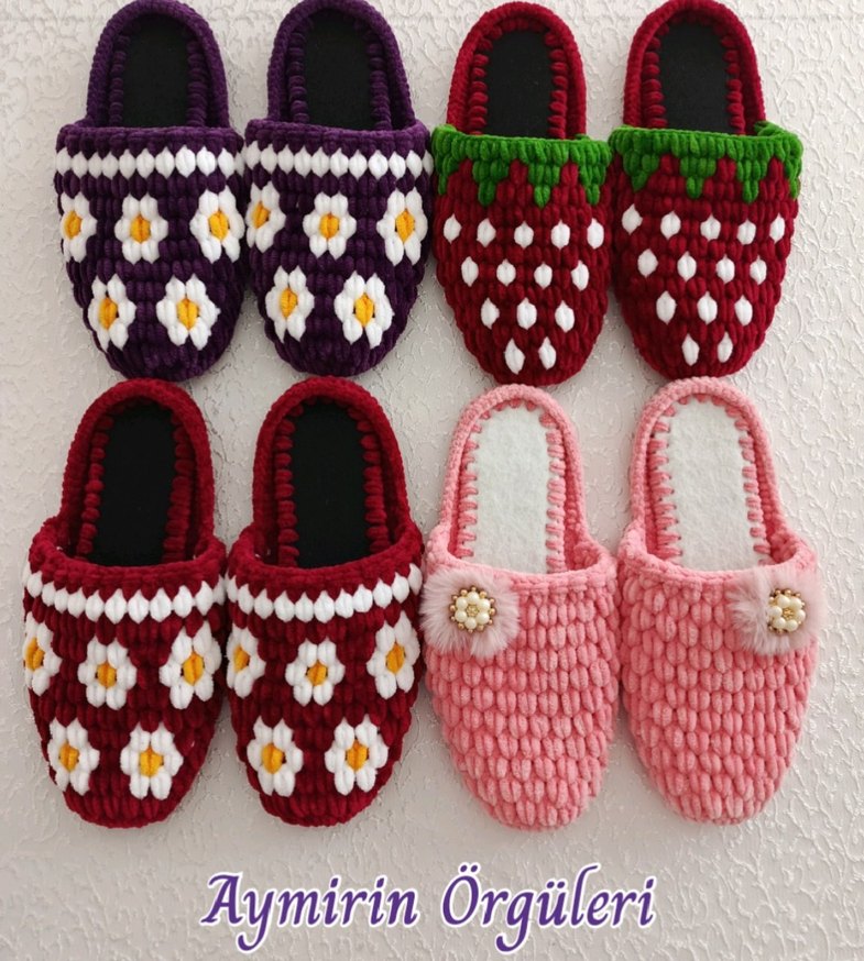 Örgü Kadın Ev Terlikleri - Düz Taban, Çok Renkli - Görsel 3