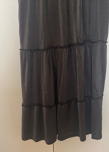 Uzun Siyah Keten Fırfırlı Elbise - Görsel 2