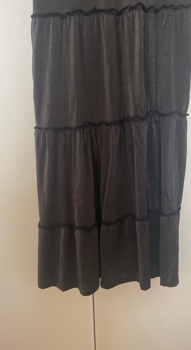 Uzun Siyah Keten Fırfırlı Elbise - Görsel 2