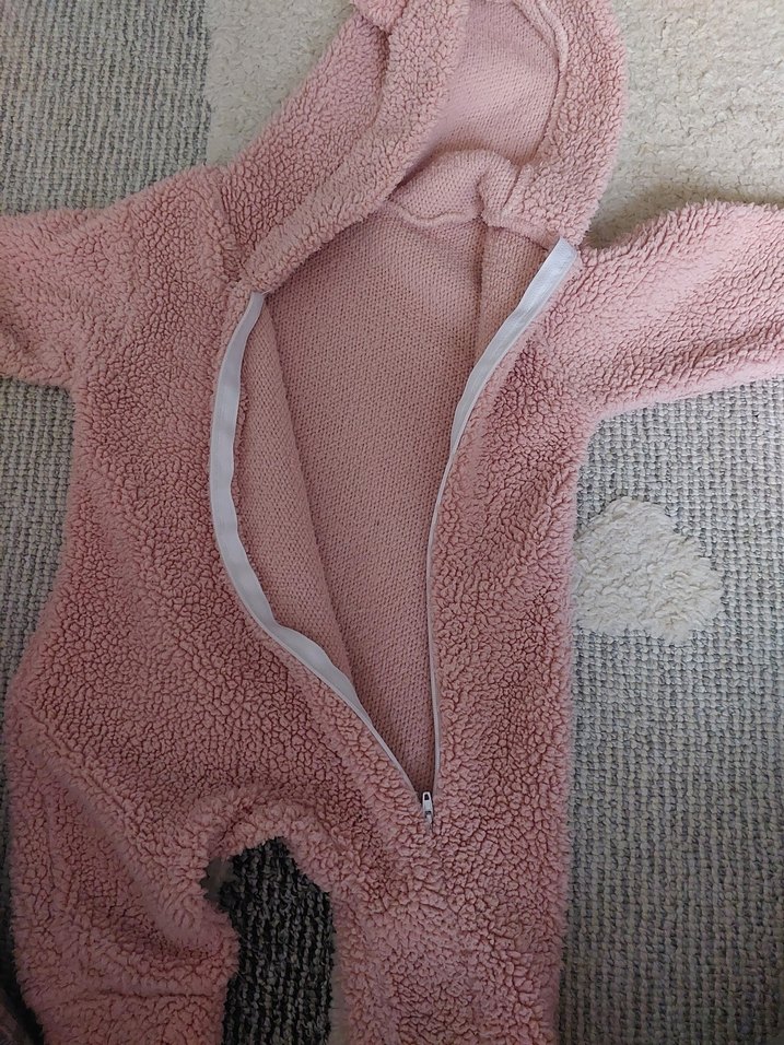 Pembe Peluş Bebek Tulumu Kulaklı Kapüşonlu - Görsel 3