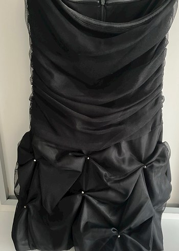 Siyah Straplez Drapeli Midi Gotik Abiye Elbise - Görsel 3