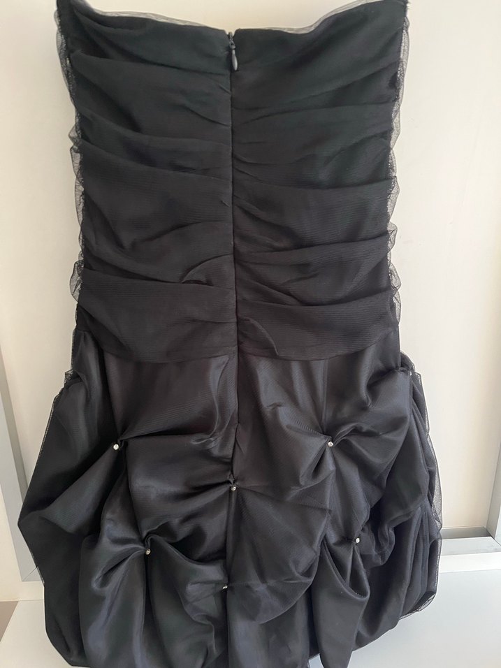 Siyah Straplez Drapeli Midi Gotik Abiye Elbise - Görsel 2