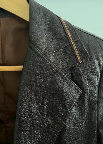 Düğmeli Kahverengi Deri görünümlü polyester ceket - Görsel 4