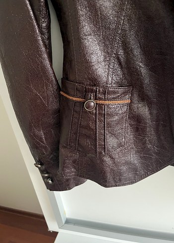 Düğmeli Kahverengi Deri görünümlü polyester ceket - Görsel 5
