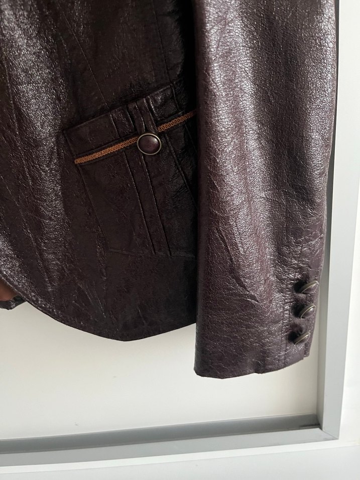 Düğmeli Kahverengi Deri görünümlü polyester ceket - Görsel 3