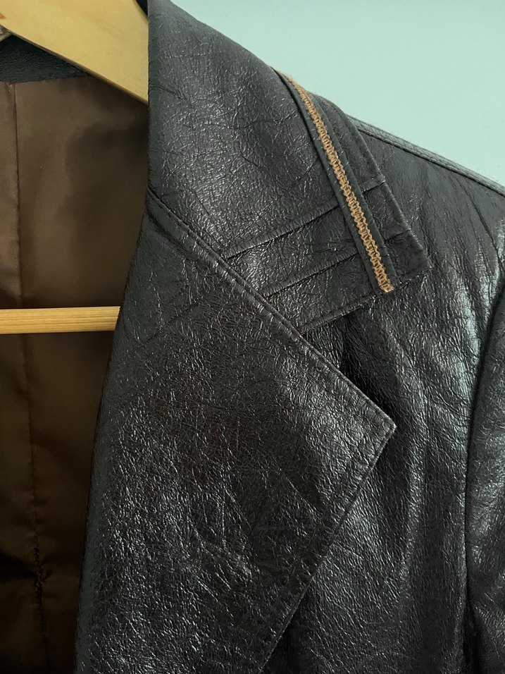 Düğmeli Kahverengi Deri görünümlü polyester ceket - Görsel 4