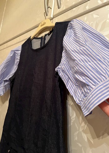 Düğmeli Kısa Kollu Lacivert Kot Elbise - Görsel 2