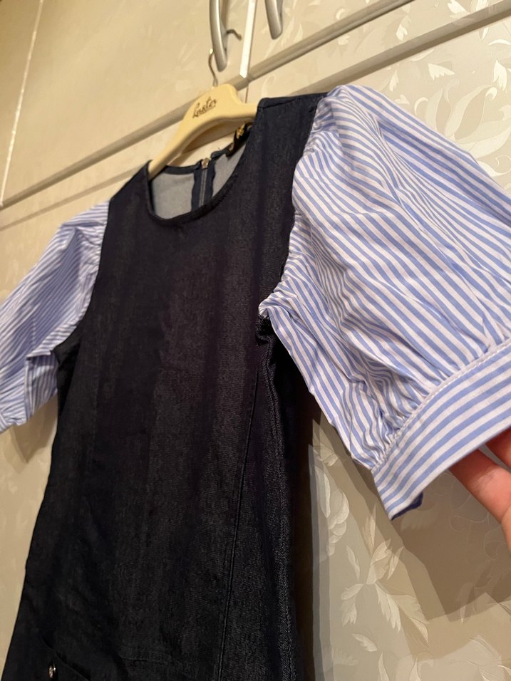 Düğmeli Kısa Kollu Lacivert Kot Elbise - Görsel 2