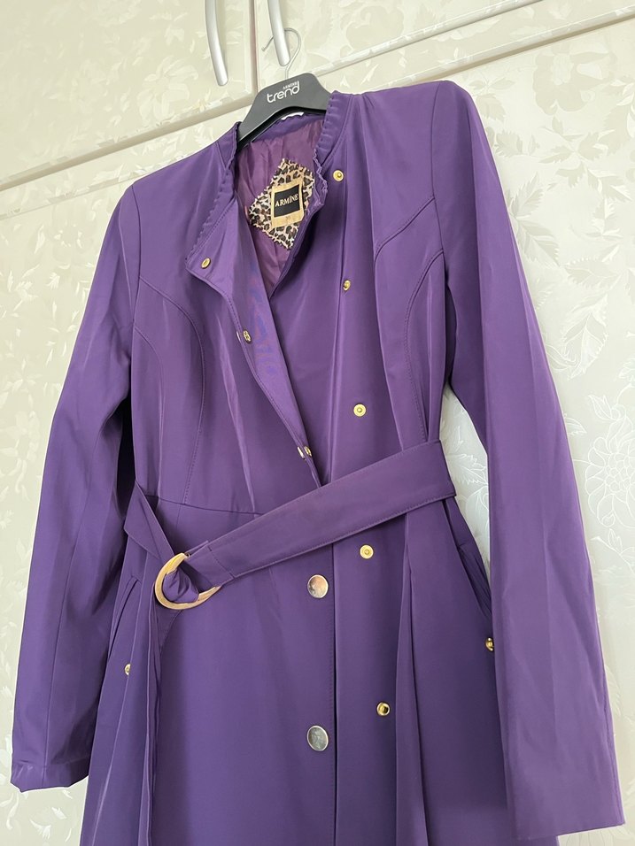 Mor Uzun Kadın Klasik Kuşaklı Kaban - Görsel 2