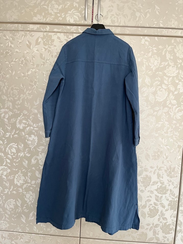 Düğmeli Uzun Lacivert Denim Kadın Kaban - Görsel 3