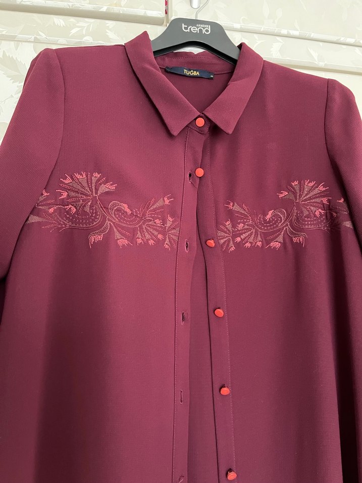 Bordo Nakışlı Uzun Kollu Kadın Elbise - Görsel 4