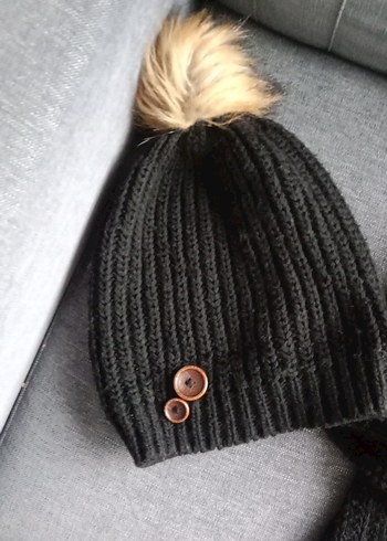 Siyah Örgü Yün kadın Bere ve Atkı Seti - Görsel 3