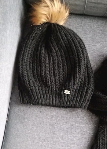 Siyah Örgü Yün kadın Bere ve Atkı Seti - Görsel 4