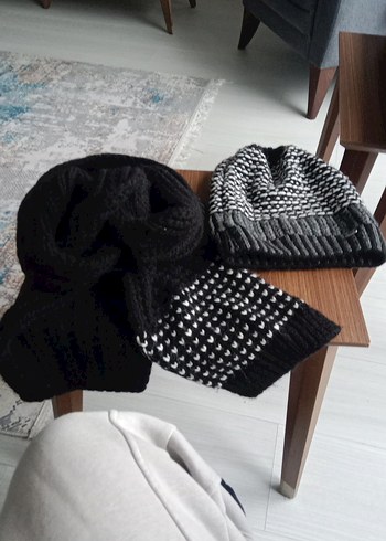 Siyah Kareli kadın Midi Atkı ve şapka takım - Görsel 6