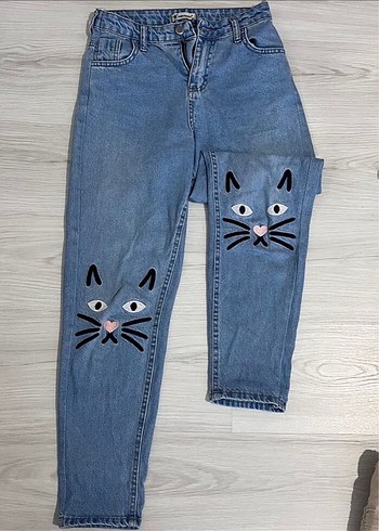 38 Beden Kedi Baskılı Kadın Mavi Denim Pantolon