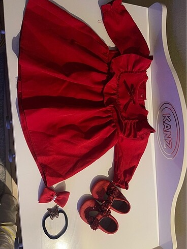 Bebek kırmızı elbise ayakkabı toka set