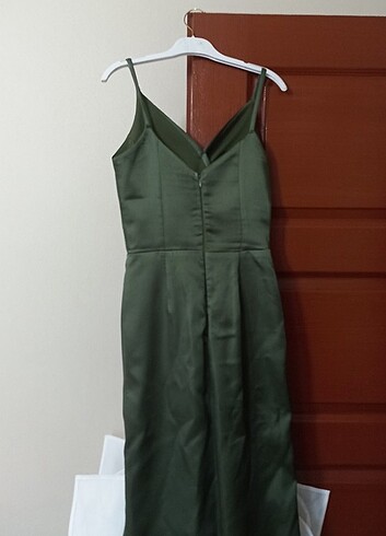 Haki Uzun Yırtmaçlı V Yaka Abiye Elbise - Görsel 2