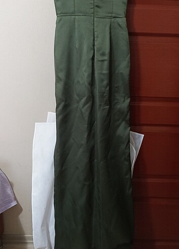 Haki Uzun Yırtmaçlı V Yaka Abiye Elbise - Görsel 4