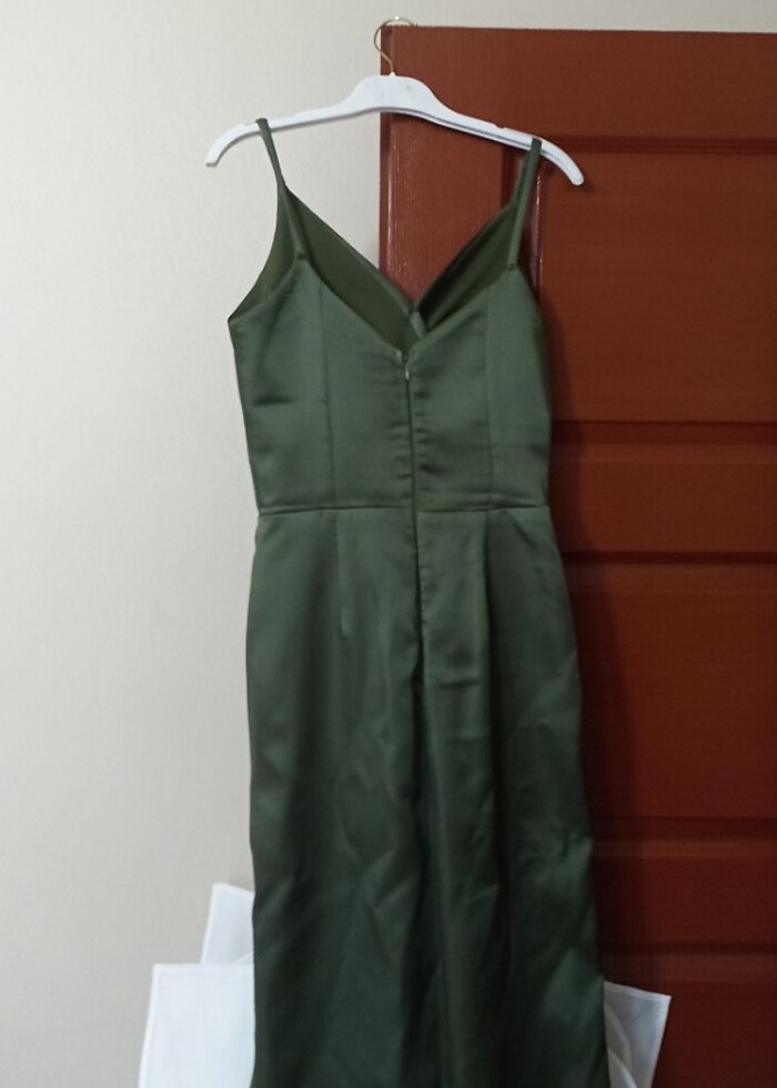 Haki Uzun Yırtmaçlı V Yaka Abiye Elbise - Görsel 2