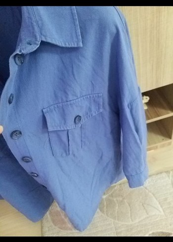 Mavi Düğmeli Uzun Kollu Keten Gömlek - Görsel 4