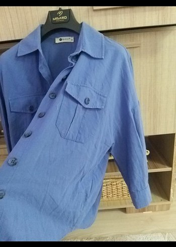 Mavi Düğmeli Uzun Kollu Keten Gömlek - Görsel 5