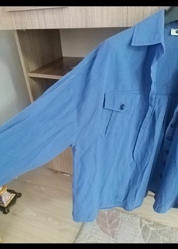 Mavi Düğmeli Uzun Kollu Keten Gömlek - Görsel 3