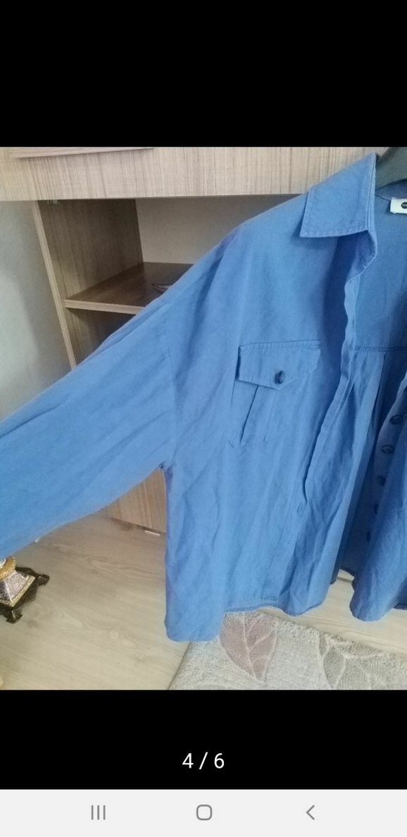Mavi Düğmeli Uzun Kollu Keten Gömlek - Görsel 2