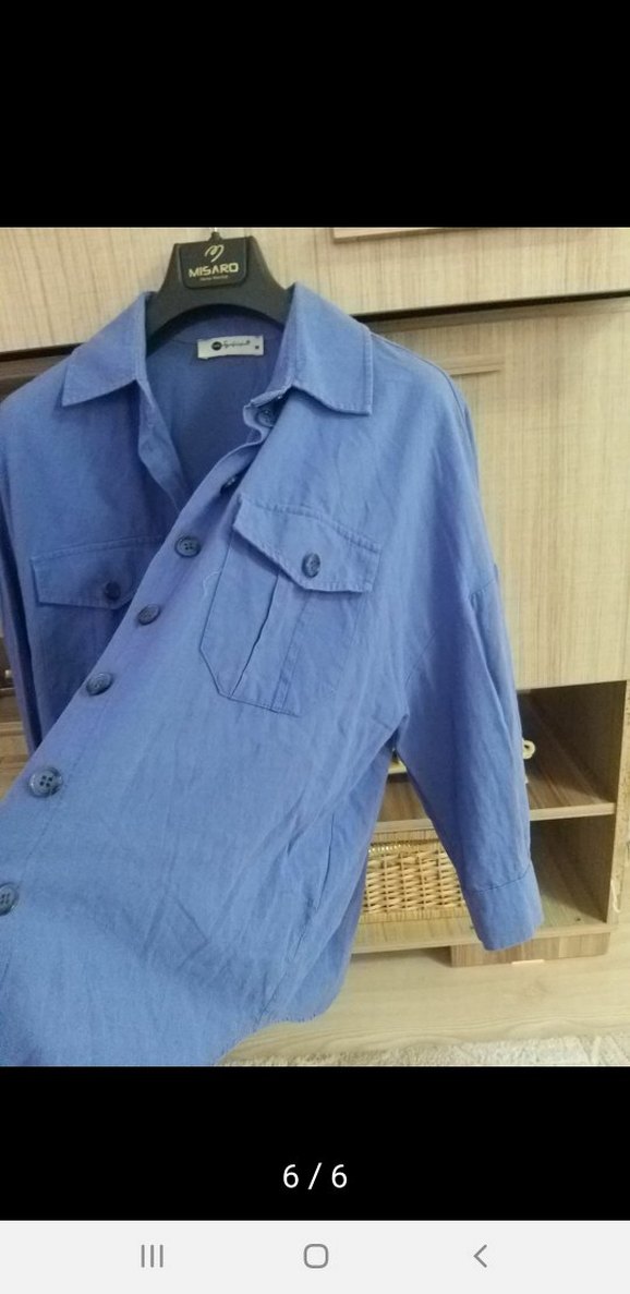 Mavi Düğmeli Uzun Kollu Keten Gömlek - Görsel 5