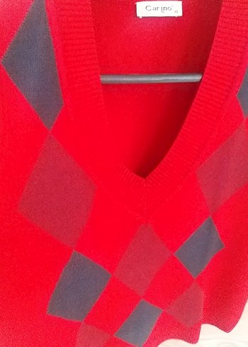 Kırmızı V Yaka Ekose Örgü Süveter - Görsel 2