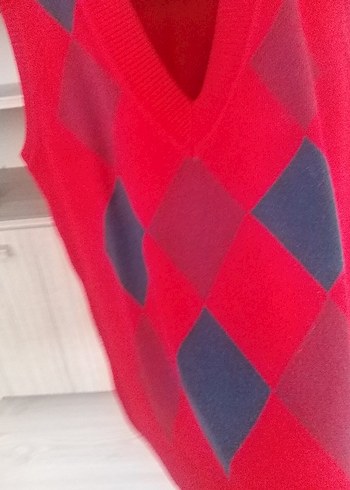 Kırmızı V Yaka Ekose Örgü Süveter - Görsel 5