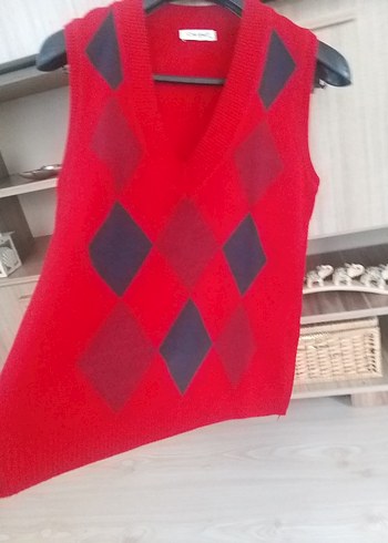 Kırmızı V Yaka Ekose Örgü Süveter - Görsel 3