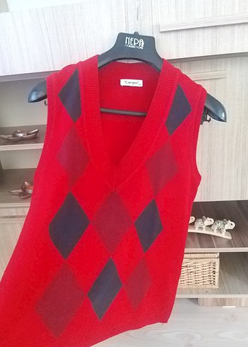 Kırmızı V Yaka Ekose Örgü Süveter - Görsel 4