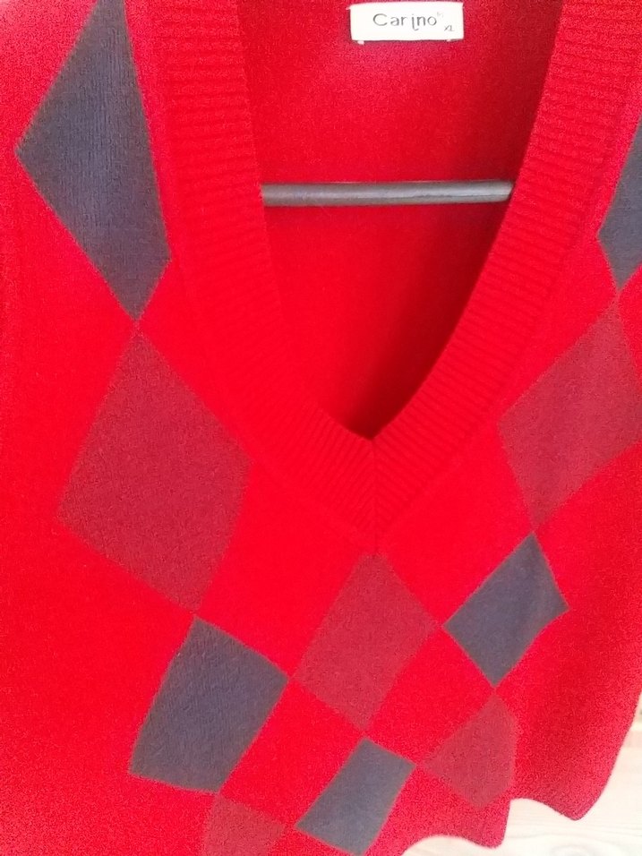 Kırmızı V Yaka Ekose Örgü Süveter - Görsel 2