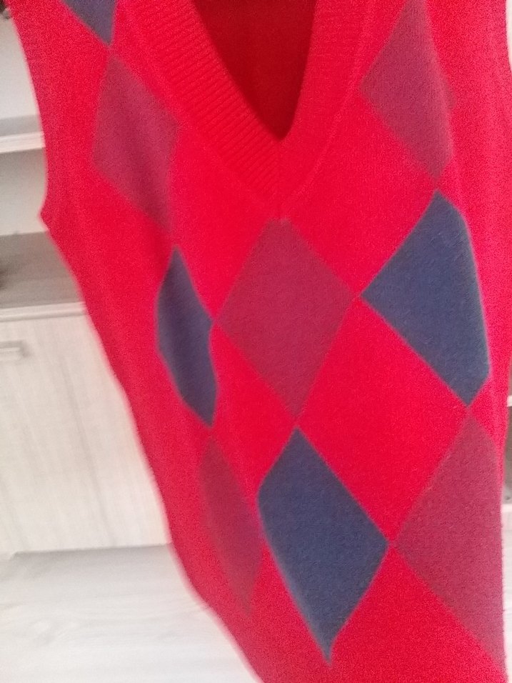 Kırmızı V Yaka Ekose Örgü Süveter - Görsel 5