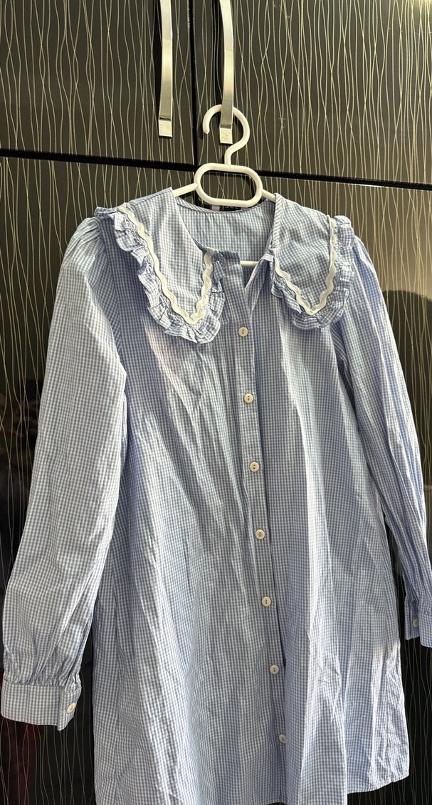 Düğmeli, Uzun Kollu Mavi Midi Kadın Gömlek - Görsel 3