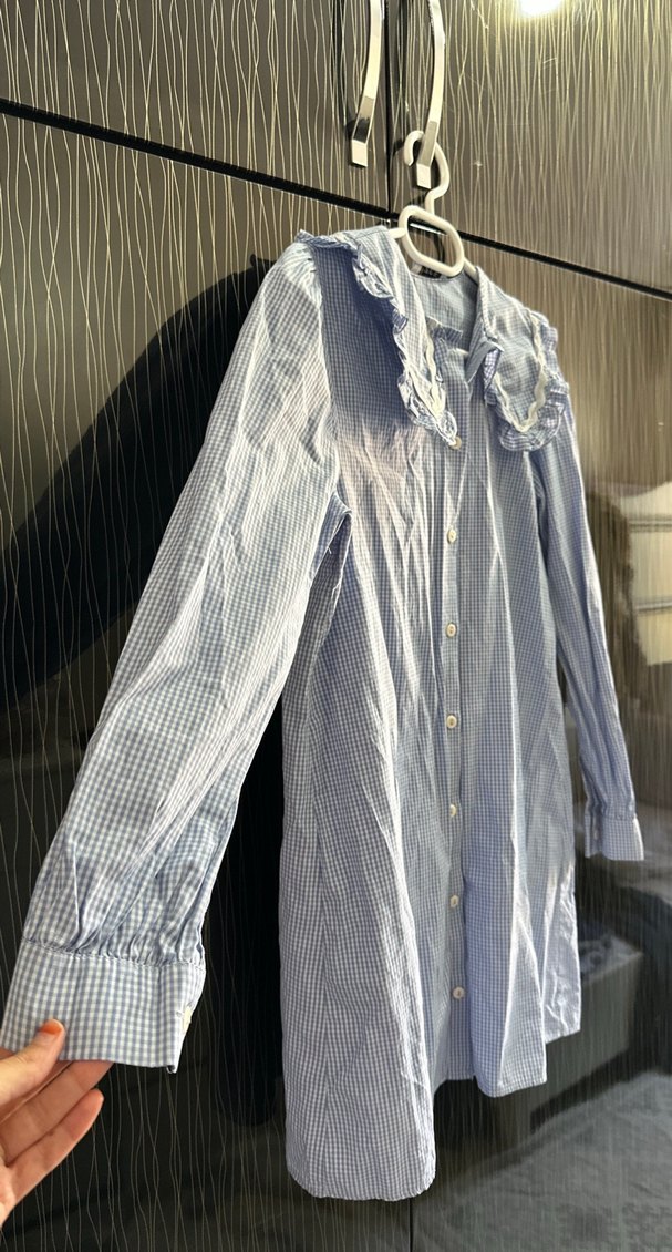 Düğmeli, Uzun Kollu Mavi Midi Kadın Gömlek - Görsel 2