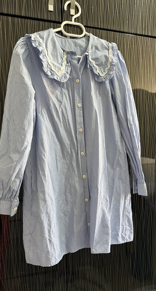 Düğmeli, Uzun Kollu Mavi Midi Kadın Gömlek - Görsel 4