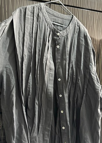 Gri Keten Düğmeli Uzun Kollu Kadın Gömlek - Görsel 3