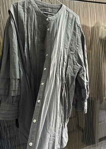 Gri Keten Düğmeli Uzun Kollu Kadın Gömlek - Görsel 4