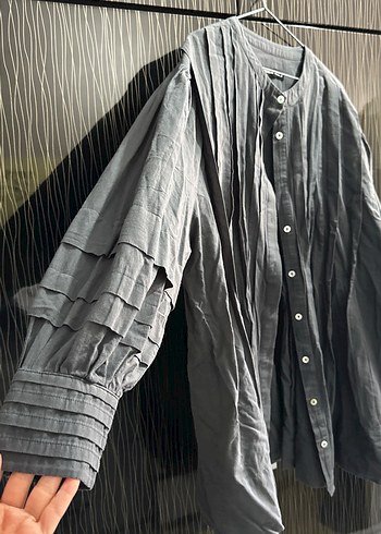 Gri Keten Düğmeli Uzun Kollu Kadın Gömlek - Görsel 2